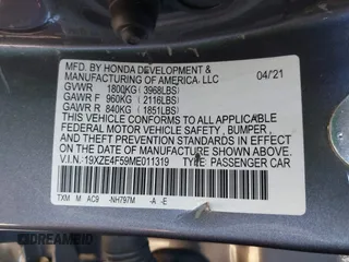2021 Honda Insight EX with VIN 19XZE4F59ME011319, listed as a IAAI auction lot 41736121 with 118,122 mi miles and . Bid and sale history available at carsss.com. Image 9.