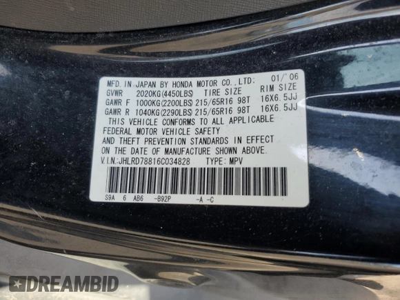 2006 Honda CR-V EX with VIN JHLRD78816C034828, listed as a Copart auction lot 53043985 with 195,897 mi miles and Salvage Title. Bid and sale history available at carsss.com. Image 13.