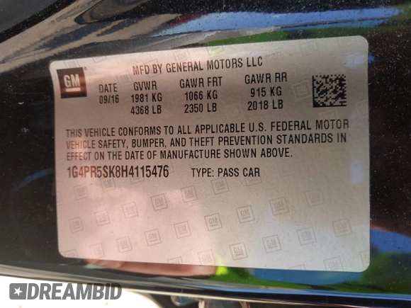 2017 Buick Verano Sport Touring with VIN 1G4PR5SK8H4115476, listed as a IAAI auction lot 41493800 with 95,521 mi miles. Bid and sale history available at carsss.com. Image 9.