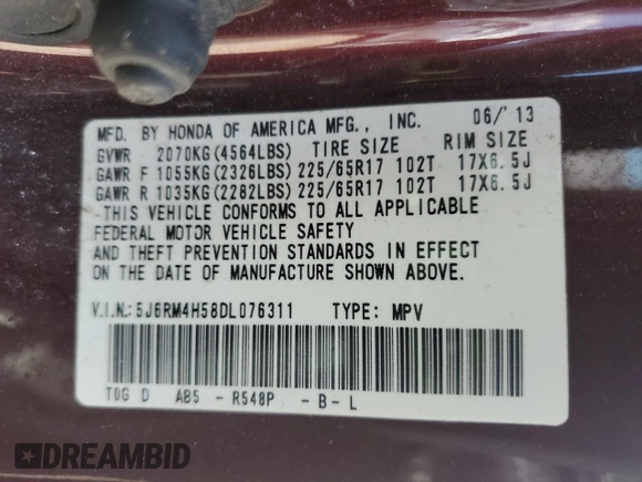 2013 Honda CR-V EX with VIN 5J6RM4H58DL076311, listed as a Copart auction lot 52359475 with 136,221 mi miles and Salvage Title. Bid and sale history available at DreamBid. Image 12.
