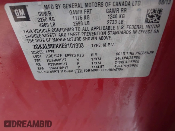 2014 GMC Terrain SLE with VIN 2GKALMEK8E6101903, listed as a IAAI auction lot 41709226 with 116,001 mi miles. Bid and sale history available at carsss.com. Image 9.