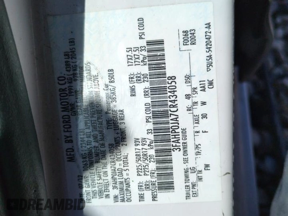 2012 Ford Fusion SEL z VIN 3FAHP0JA7CR434058, wystawiony jako Copart lot #52989875 z przebiegiem 109 914 mil mil oraz Szkoda całkowita • Salvage title. Historia ofert i sprzedaży dostępna na DreamBid. Obrazek 12.