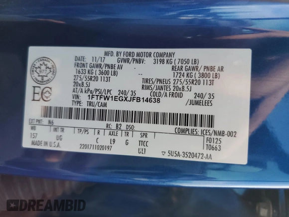 2018 Ford F-150 XL with VIN 1FTFW1EGXJFB14638, listed as a Copart auction lot 48998745 with 70,321 mi miles and Salvage Title. Bid and sale history available at carsss.com. Image 12.