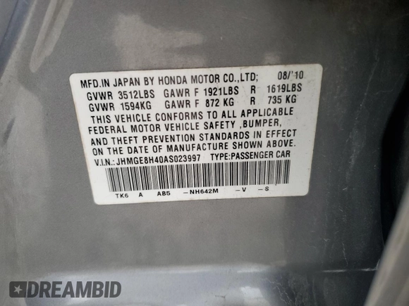 2010 Honda Fit Sport with VIN JHMGE8H40AS023997, listed as a Copart auction lot 53677065 with 105,302 mi miles and Salvage Title. Bid and sale history available at carsss.com. Image 12.