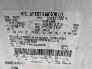 2012 Ford F-150 XL with VIN 1FTFW1ET9CKE30989, listed as a IAAI auction lot 37301262 with 257,439 mi miles and . Bid and sale history available at DreamBid. Image 9.