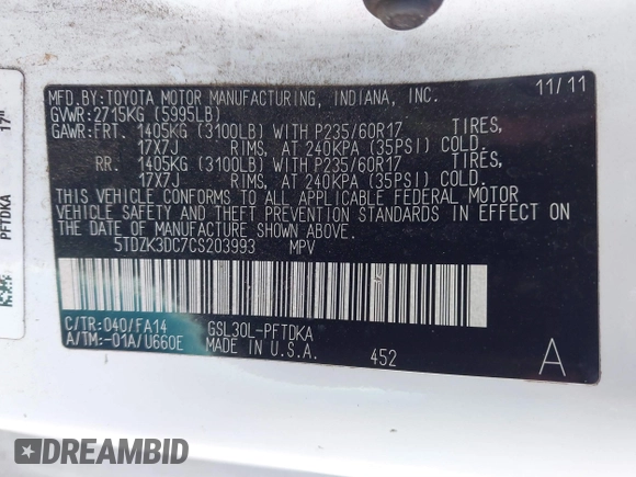 2012 Toyota Sienna with VIN 5TDZK3DC7CS203993, listed as a IAAI auction lot 41130289 with 177,059 mi miles. Bid and sale history available at carsss.com. Image 9.