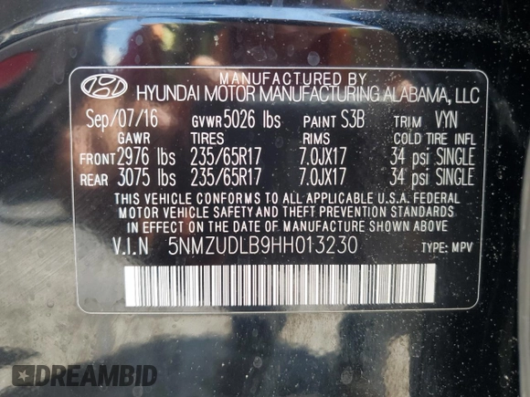 2017 Hyundai Santa Fe 2.4L z VIN 5NMZUDLB9HH013230, wystawiony jako Copart lot #55888975 z przebiegiem Nie podano mil oraz Szkoda całkowita • Salvage title. Historia ofert i sprzedaży dostępna na DreamBid. Obrazek 13.