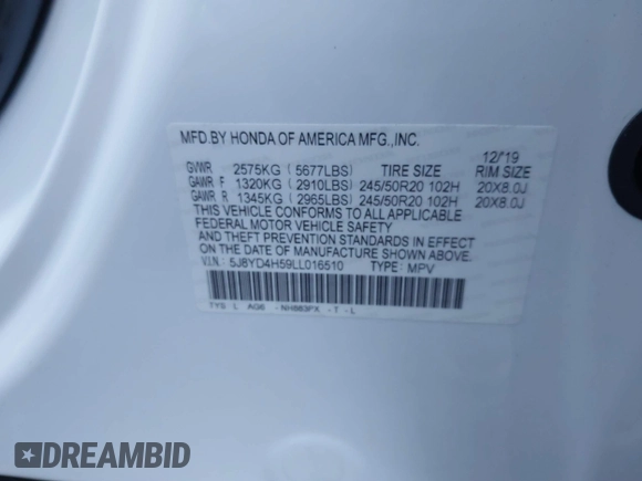 2020 Acura MDX Technology z VIN 5J8YD4H59LL016510, wystawiony jako IAAI lot #41216544 z przebiegiem Nie podano mil oraz . Historia ofert i sprzedaży dostępna na DreamBid. Obrazek 9.
