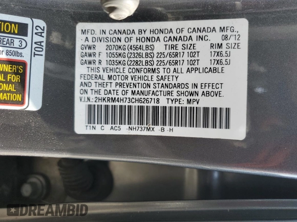 2012 Honda CR-V EX-L with VIN 2HKRM4H73CH626718, listed as a Copart auction lot 47364645 with 26,556 mi miles and Salvage Title. Bid and sale history available at carsss.com. Image 13.