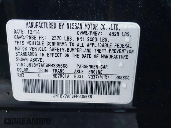 2015 Infiniti Q50 with VIN JN1BV7AP6FM335668, listed as a IAAI auction lot 42201480 with 234,970 mi miles and . Bid and sale history available at DreamBid. Image 9.