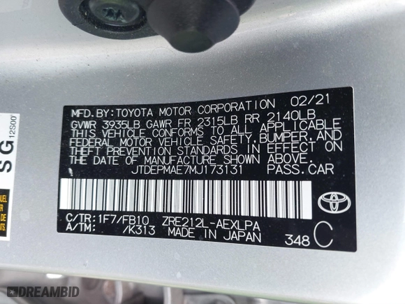2021 Toyota Corolla LE with VIN JTDEPMAE7MJ173131, listed as a IAAI auction lot 41372716 with 58,677 mi miles. Bid and sale history available at carsss.com. Image 9.