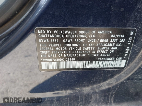2013 Volkswagen Passat SE с VIN 1VWBN7A39DC129965, выставлен на аукционе IAAI как лот 42302910 с пробегом 182 874 миль миль и . История ставок и продаж доступна на DreamBid. Изображение 9.