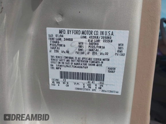 2005 Ford Escape Limited with VIN 1FMYU94175KA06769, listed as a IAAI auction lot 42532103 with 129,905 mi miles and . Bid and sale history available at DreamBid. Image 9.