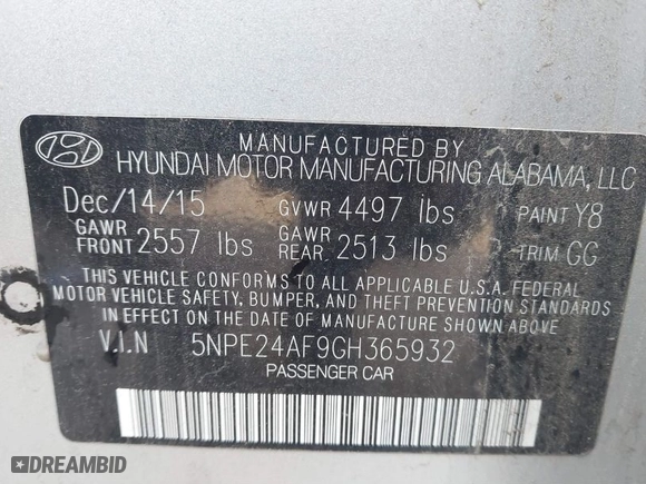2016 Hyundai Sonata 2.4L SE with VIN 5NPE24AF9GH365932, listed as a IAAI auction lot 41785393 with 176,356 mi miles. Bid and sale history available at carsss.com. Image 9.