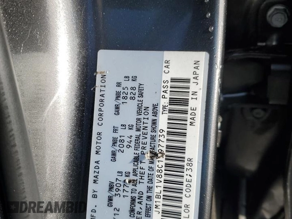 2012 Mazda 3 i Touring with VIN JM1BL1V88C1597739, listed as a Copart auction lot 86555454 with 111,309 mi miles and Salvage Title. Bid and sale history available at DreamBid. Image 12.