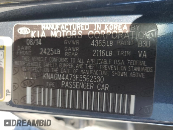 2015 Kia Optima LX with VIN KNAGM4A73F5562330, listed as a Copart auction lot 63159215 with 168,953 mi miles and Clean title. Bid and sale history available at DreamBid. Image 12.