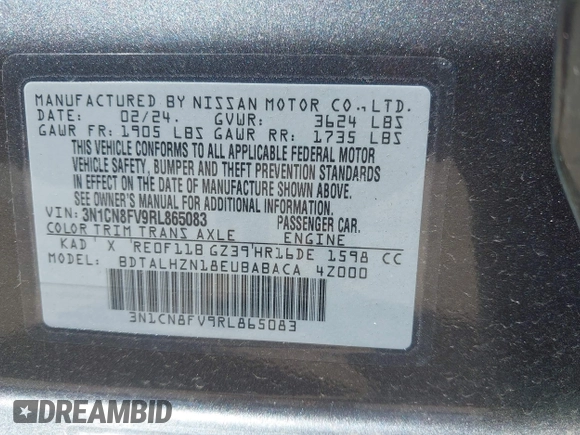2024 Nissan Versa SR z VIN 3N1CN8FV9RL865083, wystawiony jako IAAI lot #42193458 z przebiegiem 5 774 mil mil oraz . Historia ofert i sprzedaży dostępna na DreamBid. Obrazek 9.