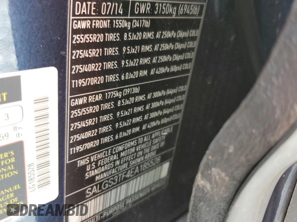 2014 Land Rover Range Rover Supercharged with VIN SALGS3TF4EA185528, listed as a Copart auction lot 61385675 with 83,334 mi miles and Salvage title. Bid and sale history available at DreamBid. Image 14.