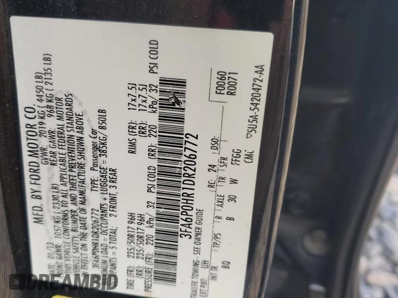 2013 Ford Fusion SE with VIN 3FA6P0HR1DR206772, listed as a Copart auction lot 61614275 with Not provided miles and Clean title. Bid and sale history available at DreamBid. Image 12.