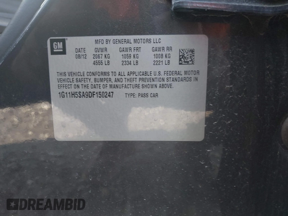 2013 Chevrolet Malibu LTZ with VIN 1G11H5SA9DF150247, listed as a IAAI auction lot 41376113 with 190,498 mi miles and . Bid and sale history available at DreamBid. Image 9.