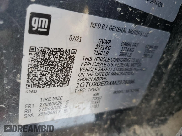 2021 GMC Sierra 1500 SLT z VIN 1GTU9DEDXMZ378886, wystawiony jako Copart lot #47947725 z przebiegiem 56 221 mil mil oraz Szkoda całkowita • Salvage title. Historia ofert i sprzedaży dostępna na DreamBid. Obrazek 12.