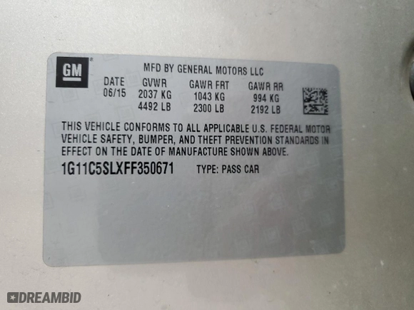 2015 Chevrolet Malibu LT with VIN 1G11C5SLXFF350671, listed as a Copart auction lot 53823945 with 111,263 mi miles and Salvage Title. Bid and sale history available at carsss.com. Image 12.