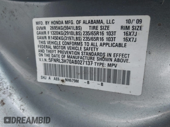2010 Honda Odyssey EX-L with VIN 5FNRL3H70AB027137, listed as a IAAI auction lot 41659981 with 202,256 mi miles and . Bid and sale history available at DreamBid. Image 9.