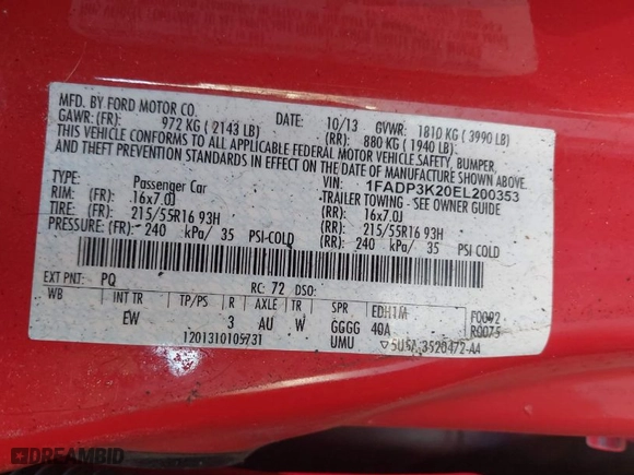 2014 Ford Focus SE with VIN 1FADP3K20EL200353, listed as a IAAI auction lot 41659047 with 156,421 mi miles. Bid and sale history available at carsss.com. Image 9.
