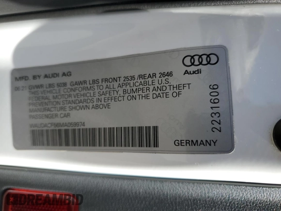2021 Audi A5 Sportback S line Premium with VIN WAUDACF56MA059974, listed as a Copart auction lot 49386004 with 53,655 mi miles. Bid and sale history available at carsss.com. Image 13.