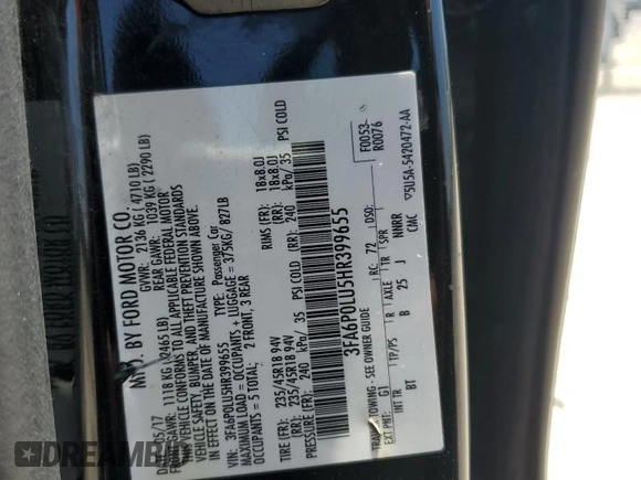 2017 Ford Fusion Hybrid SE with VIN 3FA6P0LU5HR399655, listed as a Copart auction lot 61869085 with 117,420 mi miles and Salvage title. Bid and sale history available at DreamBid. Image 12.