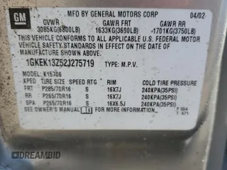 2002 GMC Yukon SLT with VIN 1GKEK13Z52J275719, listed as a Copart auction lot 50007305 with 156,669 mi miles and Salvage Title. Bid and sale history available at carsss.com. Image 14.