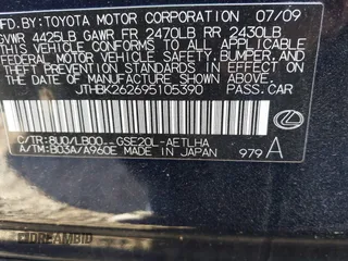 2009 Lexus IS 250 with VIN JTHBK262695105390, listed as a IAAI auction lot 41373344 with 215,356 mi miles. Bid and sale history available at carsss.com. Image 9.