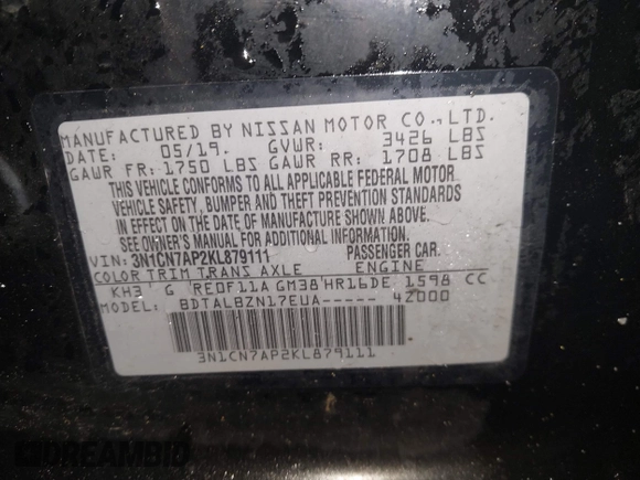 2019 Nissan Versa SV with VIN 3N1CN7AP2KL879111, listed as a IAAI auction lot 42338210 with 84,881 mi miles and . Bid and sale history available at DreamBid. Image 9.
