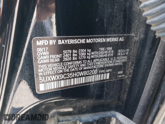 2017 BMW X3 xDrive28i with VIN 5UXWX9C35H0W80200, listed as a IAAI auction lot 41332292 with 80,255 mi miles and . Bid and sale history available at DreamBid. Image 9.