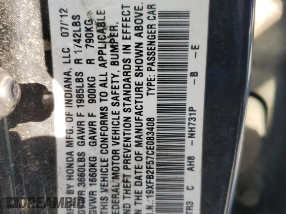 2012 Honda Civic LX с VIN 19XFB2F57CE083408, выставлен на аукционе Copart как лот 56514555 с пробегом 202 642 миль миль и Списание • Salvage title. История ставок и продаж доступна на DreamBid. Изображение 12.