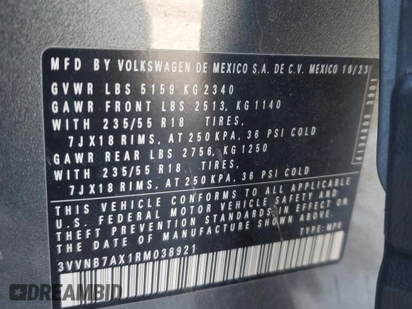 2024 Volkswagen Tiguan SE с VIN 3VVNB7AX1RM038921, выставлен на аукционе Copart как лот 45126695 с пробегом 7 907 миль миль и Списание • Salvage title. История ставок и продаж доступна на DreamBid. Изображение 13.