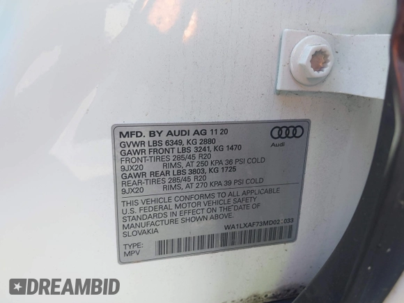 2021 Audi Q7 Premium Plus with VIN WA1LXAF73MD021033, listed as a IAAI auction lot 41814415 with 64,377 mi miles and . Bid and sale history available at DreamBid. Image 9.