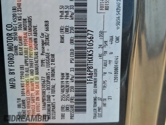 2019 Ford Mustang EcoBoost with VIN 1FA6P8THXK5105677, listed as a Copart auction lot 60927105 with 57,344 mi miles and Salvage title. Bid and sale history available at DreamBid. Image 12.