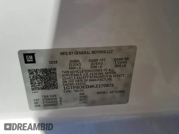 2019 GMC Sierra 1500 SLT z VIN 1GTP8DED4KZ170872, wystawiony jako Copart lot #47868255 z przebiegiem 128 954 mil mil oraz Czysty tytuł • Clean title. Historia ofert i sprzedaży dostępna na DreamBid. Obrazek 12.