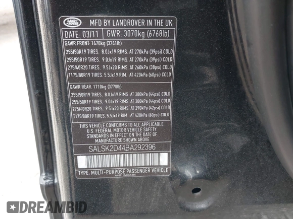 2011 Land Rover Range Rover Sport HSE Lux with VIN SALSK2D44BA292396, listed as a IAAI auction lot 42446484 with 238,684 mi miles and . Bid and sale history available at DreamBid. Image 9.