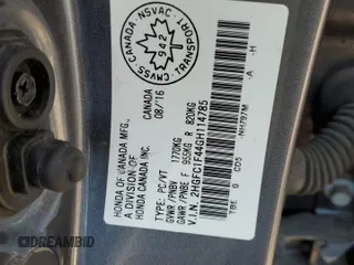 2016 Honda Civic EX-T with VIN 2HGFC1F44GH114785, listed as a Copart auction lot 57383755 with 168,529 mi miles and Salvage title. Bid and sale history available at DreamBid. Image 13.