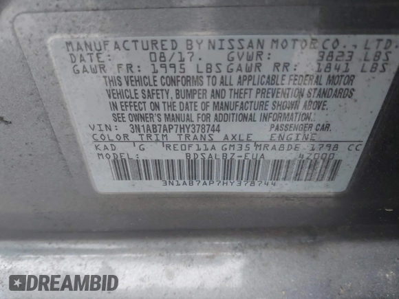 2017 Nissan Sentra S with VIN 3N1AB7AP7HY378744, listed as a IAAI auction lot 41822750 with 214,121 mi miles and . Bid and sale history available at DreamBid. Image 9.