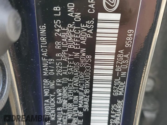 2019 Lexus ES 350 with VIN 58ABZ1B1XKU033758, listed as a Copart auction lot 50079735 with 67,067 mi miles and Salvage Title. Bid and sale history available at DreamBid. Image 12.