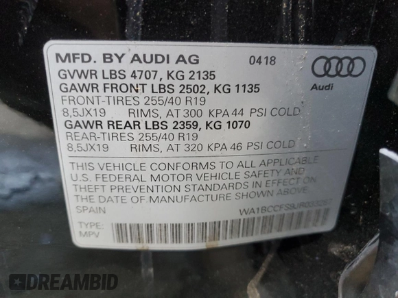 2018 Audi Q3 Premium with VIN WA1BCCFS9JR033287, listed as a Copart auction lot 58251185 with 157,839 mi miles and Salvage title. Bid and sale history available at DreamBid. Image 13.