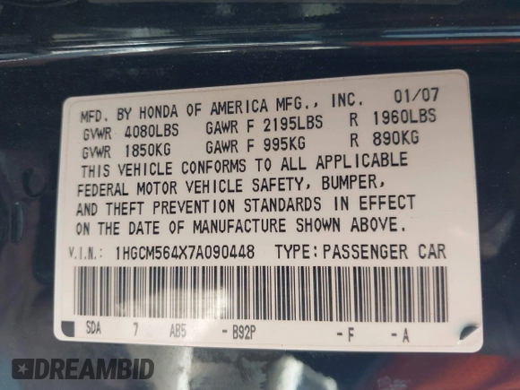 2007 Honda Accord LX with VIN 1HGCM564X7A090448, listed as a IAAI auction lot 42357356 with 229,699 mi miles and . Bid and sale history available at DreamBid. Image 9.