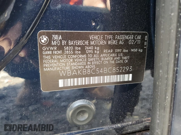 2011 BMW 7 Series 750Li with VIN WBAKB8C54BC852293, listed as a Copart auction lot 45215695 with 179,986 mi miles and Salvage title. Bid and sale history available at DreamBid. Image 12.