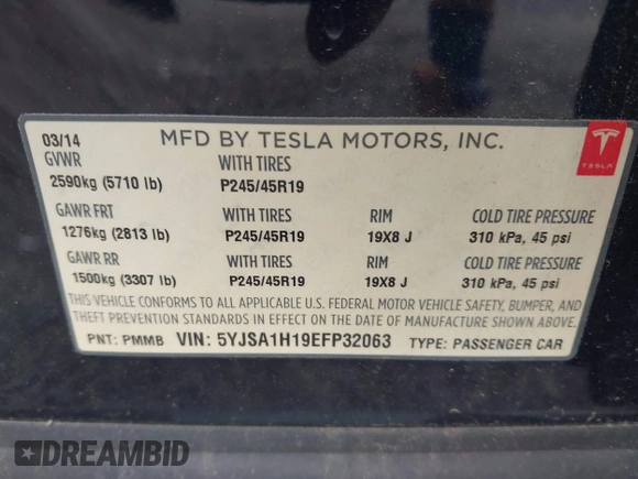 2014 Tesla Model S 60 with VIN 5YJSA1H19EFP32063, listed as a IAAI auction lot 42360872 with 103,495 mi miles and . Bid and sale history available at DreamBid. Image 9.