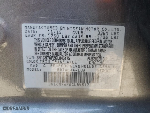 2016 Nissan Versa SV with VIN 3N1CN7AP2GL845175, listed as a Copart auction lot 46717325 with 103,496 mi miles and Salvage Title. Bid and sale history available at carsss.com. Image 13.