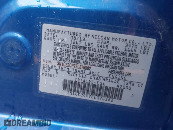 2014 Nissan Note SV with VIN 3N1CE2CP7EL376582, listed as a IAAI auction lot 42058083 with 135,411 mi miles and . Bid and sale history available at DreamBid. Image 9.