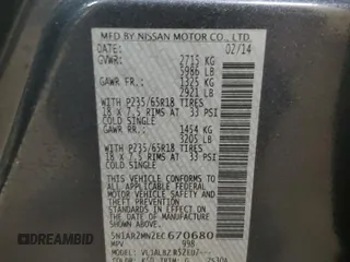 2014 Nissan Pathfinder Platinum with VIN 5N1AR2MN2EC670680, listed as a Copart auction lot 58600635 with 152,919 mi miles and Clean title. Bid and sale history available at DreamBid. Image 14.